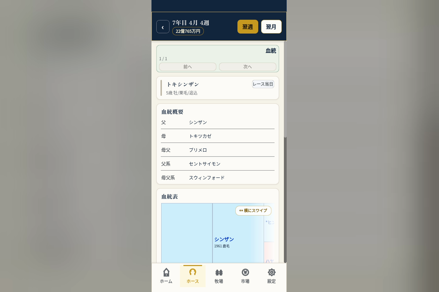 5代血統表を確認するゲーム画面