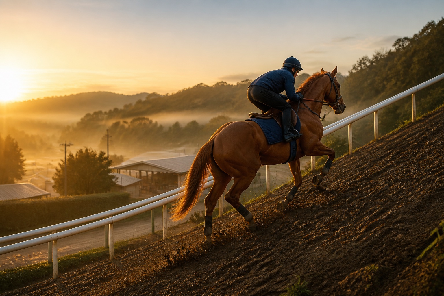 坂路を駆け上がる競走馬と騎手の調教シーン